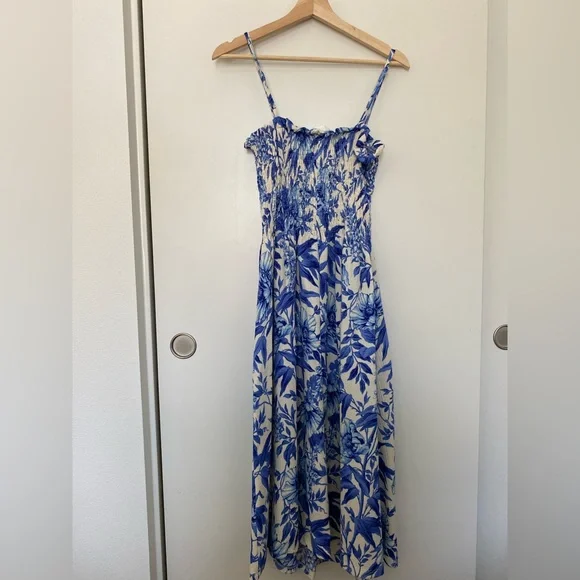 H&M | Dresses | Cream And Blue Floral Dress With Shoulder Ties | Poshmark